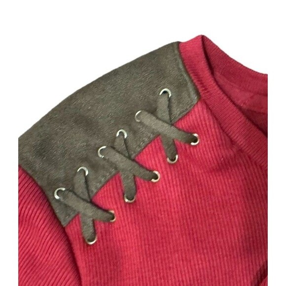 Ralph Lauren Rib-Knit Top Red w/Brown Faux Suede Epaulets Size 1X (Fits Like L) - Picture 4 of 6